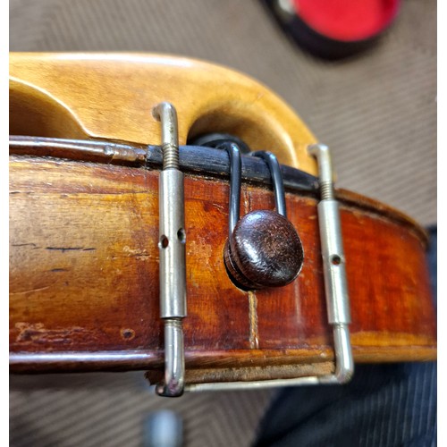 347 - Violin & bow, cased (with music stand), body is 36cm, shadow of a label inside but no name or ot... 