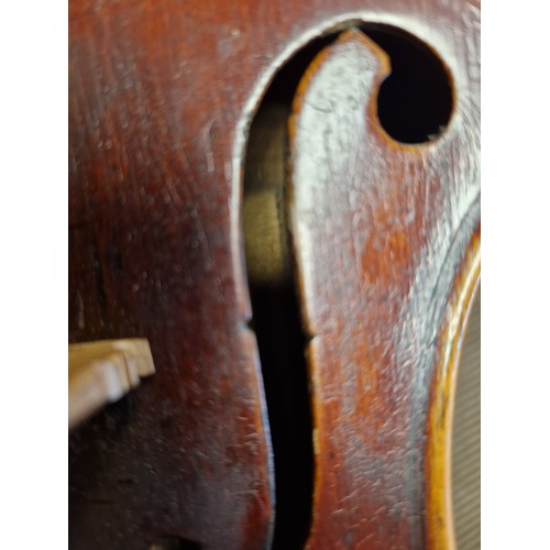 347 - Violin & bow, cased (with music stand), body is 36cm, shadow of a label inside but no name or ot... 