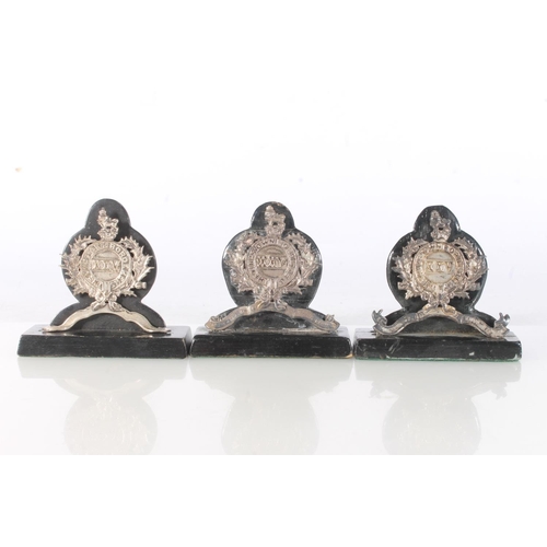 1632 - Set of three XXV Kings Own Scottish Borderers white metal place holders having banners inscribed 'Pr... 