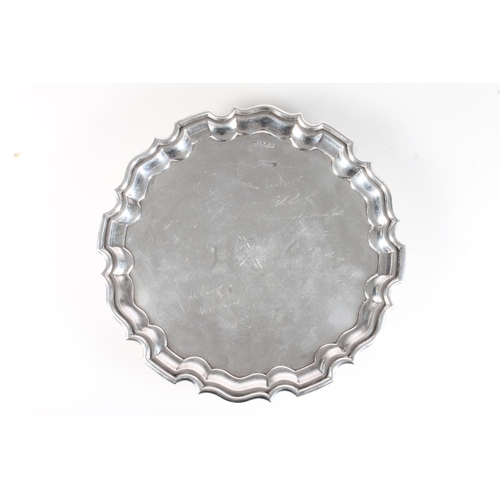 1649 - George V silver salver tray with piecrust edge, the centre decorated with Kings Own Scottish Bordere... 