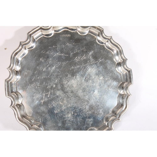 1649 - George V silver salver tray with piecrust edge, the centre decorated with Kings Own Scottish Bordere... 