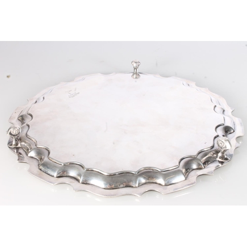 1649 - George V silver salver tray with piecrust edge, the centre decorated with Kings Own Scottish Bordere... 