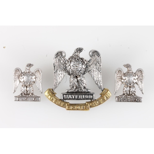 1653 - Unhallmarked white metal Royal Scots Greys cap badge by Joseph Jennens & Co, 4.5cm tall and two ... 