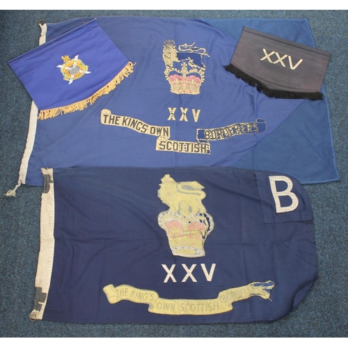 1765 - Kings Own Scottish Borderers blue flag with XXV crest 150cm x 115cm, another smaller and two banners... 