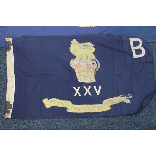 1765 - Kings Own Scottish Borderers blue flag with XXV crest 150cm x 115cm, another smaller and two banners... 