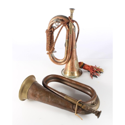 1767 - Copper and brass bugle with plaque stamped '7329 Bugler S Beattie' and adorned with Kings Own Scotti... 