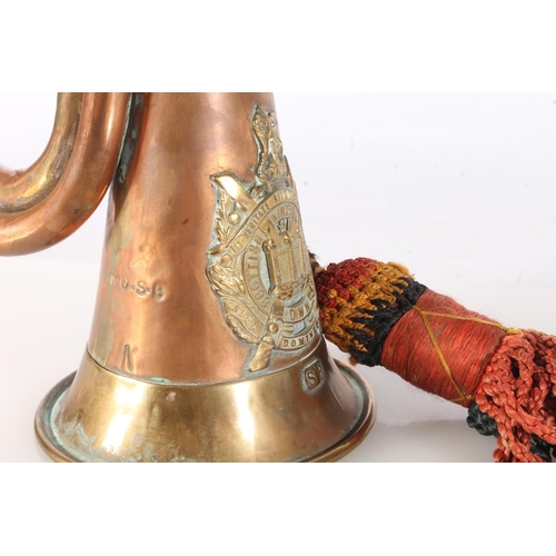 1767 - Copper and brass bugle with plaque stamped '7329 Bugler S Beattie' and adorned with Kings Own Scotti... 