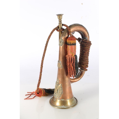 1767 - Copper and brass bugle with plaque stamped '7329 Bugler S Beattie' and adorned with Kings Own Scotti... 