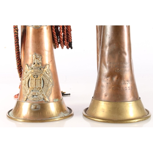 1767 - Copper and brass bugle with plaque stamped '7329 Bugler S Beattie' and adorned with Kings Own Scotti... 