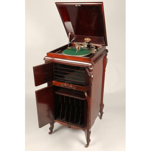 560 - Hines mahogany freestanding gramophone, H 114cm, W 52cm, D 60cm