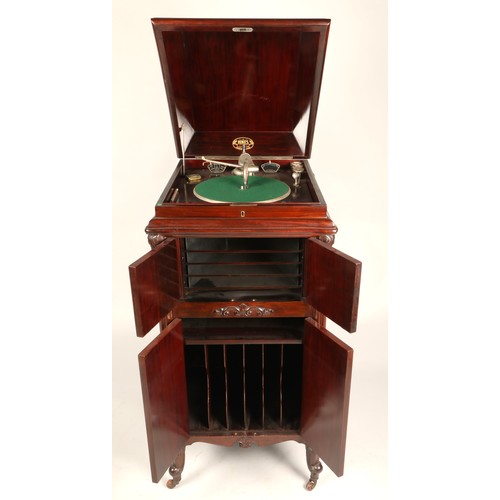 560 - Hines mahogany freestanding gramophone, H 114cm, W 52cm, D 60cm