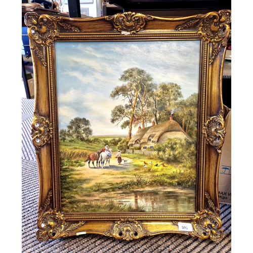 593 - L.E. Smith, oil on canvas, pastoral country scene, 50cm x 39cm