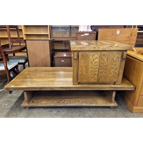 549 - Large oak veneered coffee table with shelf, 76cm x 173cm and a matching cabinet 54cm h 69cm d x 71cm... 