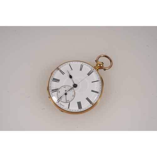 9 - 18ct gold cased open faced key wound pocket watch, the white enamel dial with Roman numeral chapter ... 