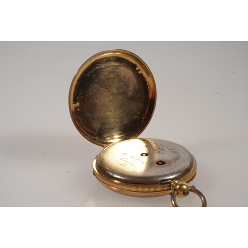 9 - 18ct gold cased open faced key wound pocket watch, the white enamel dial with Roman numeral chapter ... 