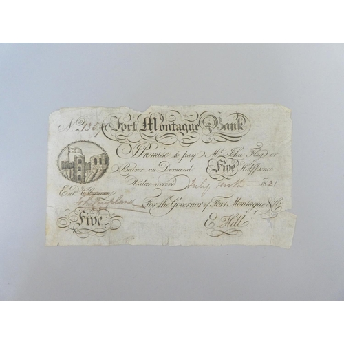 282 - Colonial Bahamas Banknote. Fort Montague Bank, for E. Hill, 5 Half Pence, 10th July 1821, serial num... 