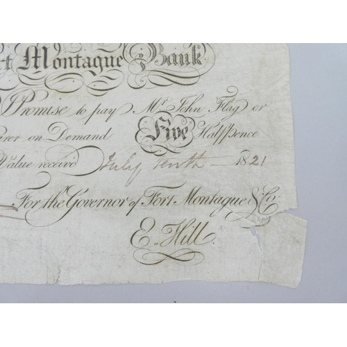 282 - Colonial Bahamas Banknote. Fort Montague Bank, for E. Hill, 5 Half Pence, 10th July 1821, serial num... 