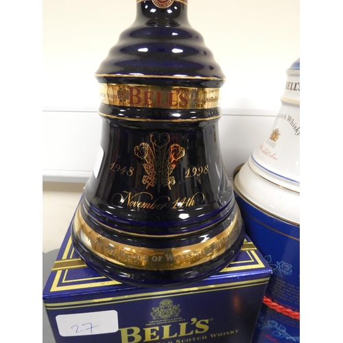 27 - Seven assorted Bell's Whisky Commemorative Decanters with contents, assorted contents and ABV, three... 