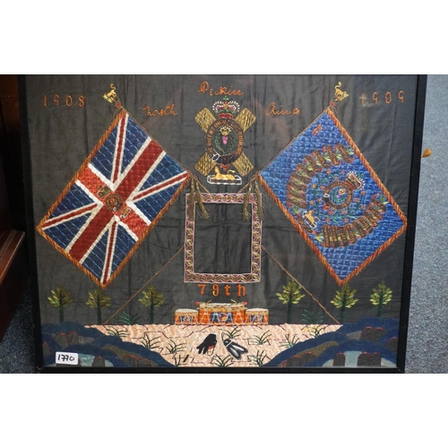 1770 - Framed needlework panel depicting The 79th Queens Own Cameron highlanders badge, crossed flags, drum... 