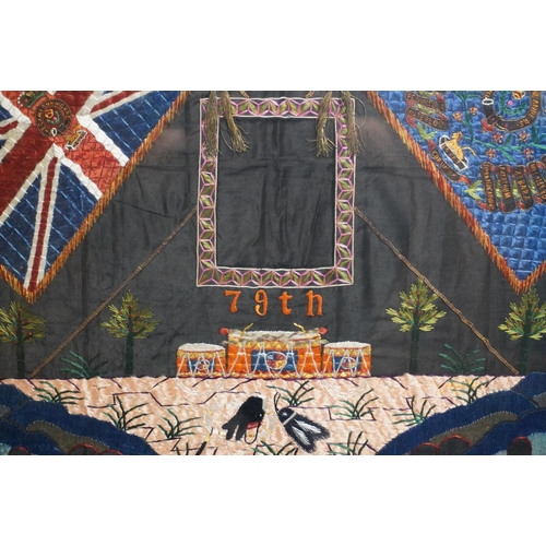 1770 - Framed needlework panel depicting The 79th Queens Own Cameron highlanders badge, crossed flags, drum... 