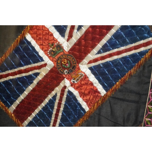 1770 - Framed needlework panel depicting The 79th Queens Own Cameron highlanders badge, crossed flags, drum... 