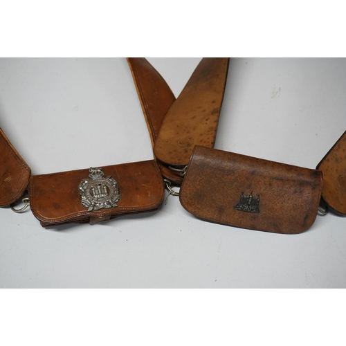 1772 - Two brown leather belt pouches with Kings Own Scottish Borderers cap badge and KOSB collar badge, on... 