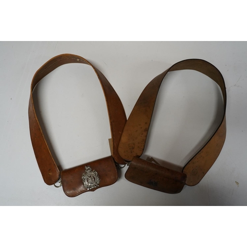 1772 - Two brown leather belt pouches with Kings Own Scottish Borderers cap badge and KOSB collar badge, on... 