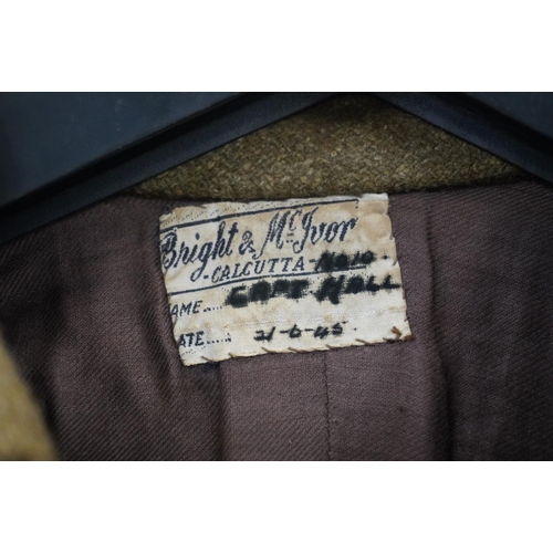 1779 - British army uniform, a WWII khaki green jacket with Bright & McIvor of Calcutta label [CAPT HAL... 