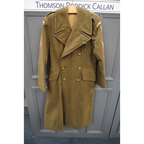 1781 - British army uniform, a WWII khaki green overcoat trenchcoat having J G Mason & Co interior labe... 