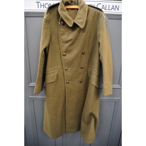 1782 - British army uniform, a WWII khaki green overcoat trenchcoat having plastic buttons, cloth Home Guar... 