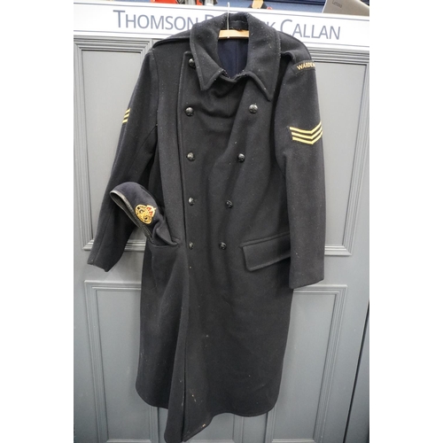 1787 - British Military uniform, a post-WWII Civil Defence black long coat Trenchcoat having H Phillips int... 