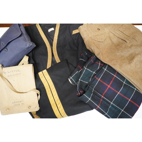 1793 - British Army uniform to include tartan trousers, pair of 'hairy' khaki green trousers, black trouser... 