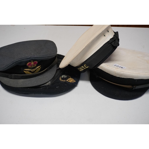 1794 - Naval beret, a sailors flat top hat with GNTC tally, a naval peaked cap and a RAF peaked hat with in... 