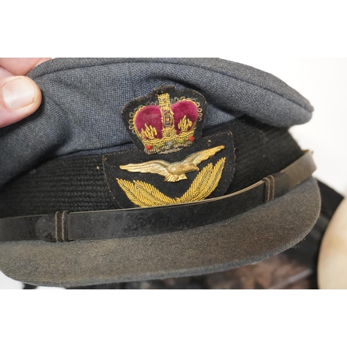 1794 - Naval beret, a sailors flat top hat with GNTC tally, a naval peaked cap and a RAF peaked hat with in... 