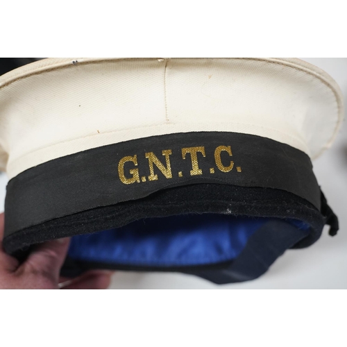 1794 - Naval beret, a sailors flat top hat with GNTC tally, a naval peaked cap and a RAF peaked hat with in... 