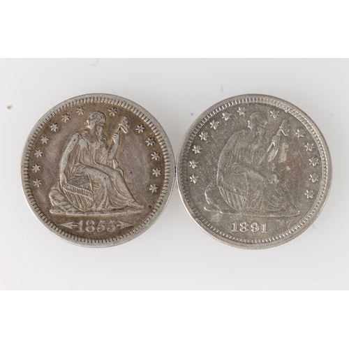 337 - UNITED STATES OF AMERICA USA Seated Liberty silver quarter dollar 1855, KM#81 and another 1891, KM#A... 