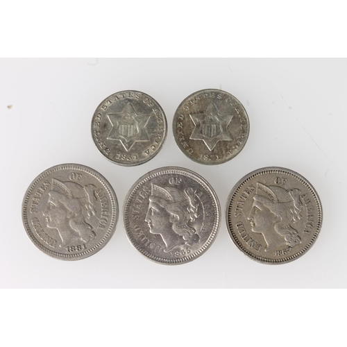 343 - UNITED STATES OF AMERICA USA silver three cents 1851 x2, KM#75 and nickel three cents 1865, 1867 and... 