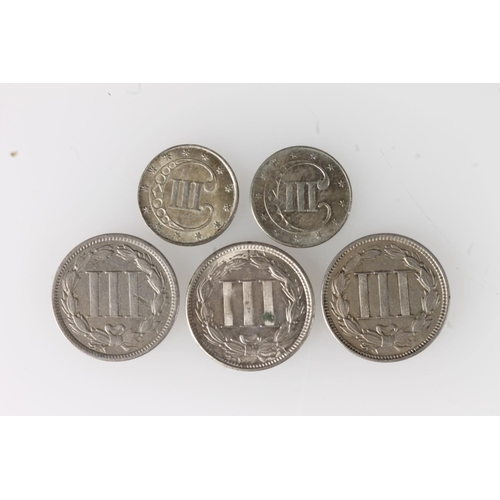 343 - UNITED STATES OF AMERICA USA silver three cents 1851 x2, KM#75 and nickel three cents 1865, 1867 and... 