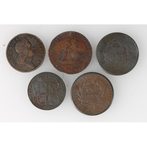 344 - Pre UNITED STATES OF AMERICA USA coins to include a Virginia half penny 1773, bust of British King G... 