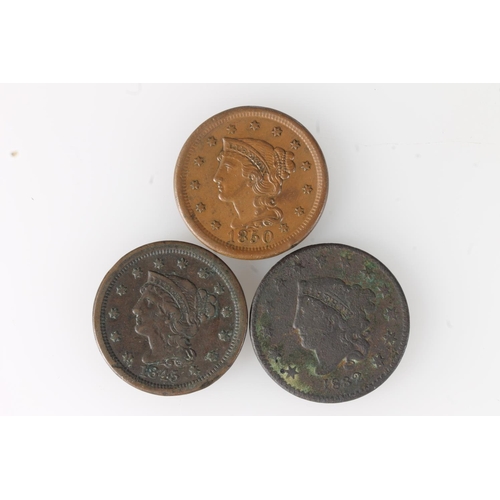 345 - UNITED STATES OF AMERICA USA coronet head cent 1832 KM#45, braided hair cent 1845 and 1850, KM#67. (... 