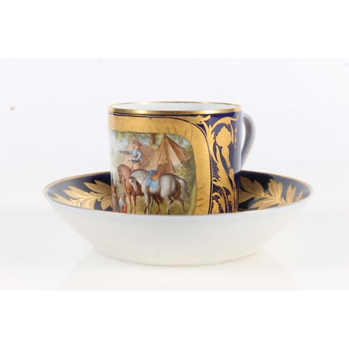 439 - Sevres porcelain cabinet cup and saucer with vignette depicting a gypsy encampment scene, date lette... 