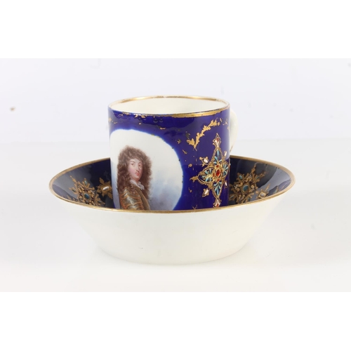 440 - Sevres porcelain cabinet cup and saucer with vignette depicting portrait of King Louis XIV, dated le... 