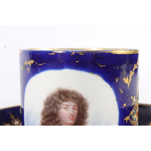 440 - Sevres porcelain cabinet cup and saucer with vignette depicting portrait of King Louis XIV, dated le... 