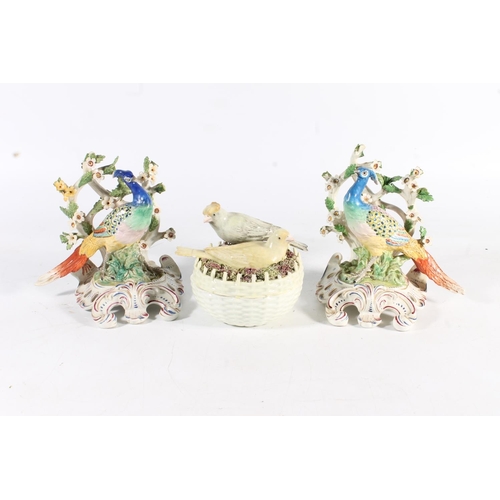 443 - Pair of 19th century porcelain peacock groups in arbours and a KPM style porcelain box and cover mod... 