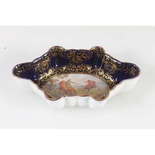 446 - Dresden blue and gilt porcelain lobed dish with hand painted central vignette depicting figures on h... 