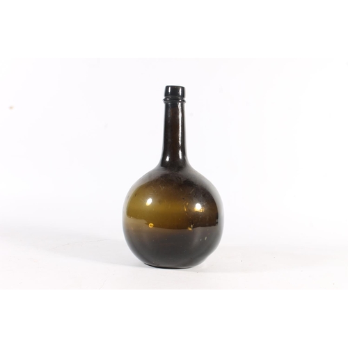 453 - 18th century brown green glass globe and shaft wine bottle, 26cm tall.