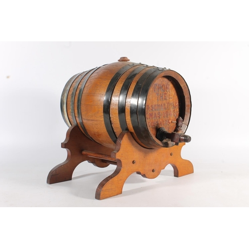 454 - Coopered oak table top cask, the head painted with 'From the Personnel Staff Xmas 1943 Gibraltar', 3... 