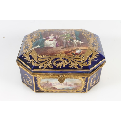 457 - Sevres porcelain box of rectangular shape with canted corners, the top decorated with hand painted v... 