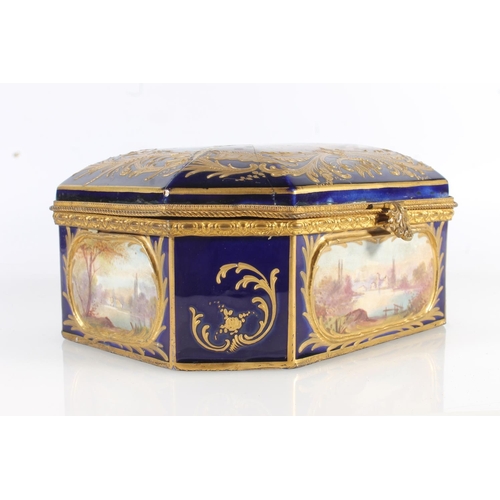 457 - Sevres porcelain box of rectangular shape with canted corners, the top decorated with hand painted v... 