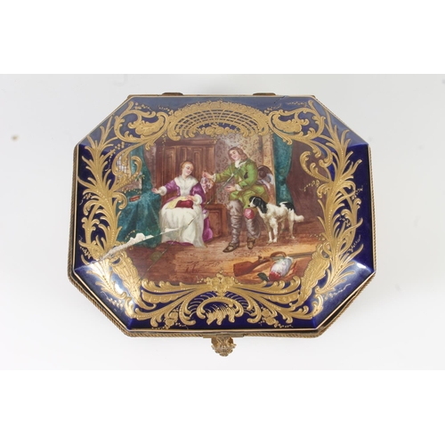 457 - Sevres porcelain box of rectangular shape with canted corners, the top decorated with hand painted v... 